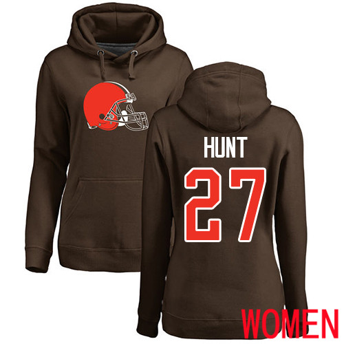 Cleveland Browns Kareem Hunt Women Brown Jersey #27 NFL Football Name and Number Logo Pullover Hoodie Sweatshirt